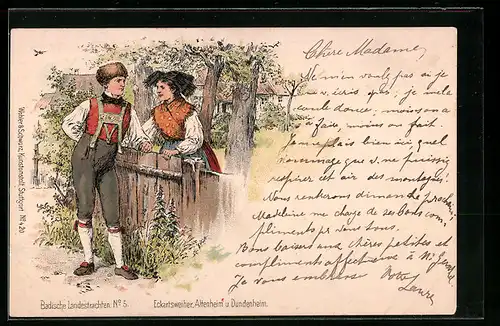 Künstler-AK Eckartsweiher, Paar in Schwarzwälder Tracht am Gartentor