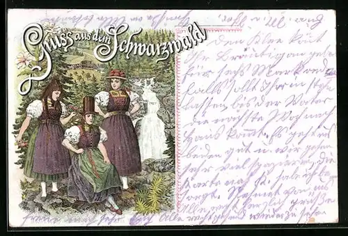 Lithographie Schwarzwald, Drei Frauen in Schwarzwälder Tracht am Wasserfall
