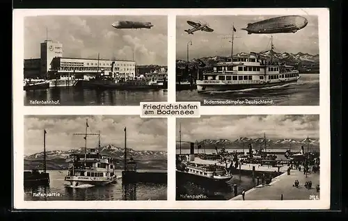 AK Friedrichshafen /Bodensee, Hafenbahnhof, Bodenseedampfer Deutschland, Zeppelin, Hafenpartie