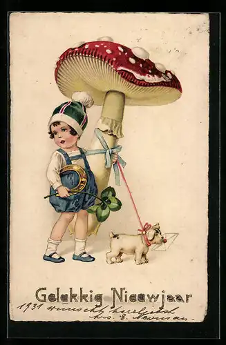 AK Kind mit Kleeblatt und Pilz