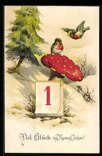 AK Vögel auf rotem Pilz mit Neujahrsgruss