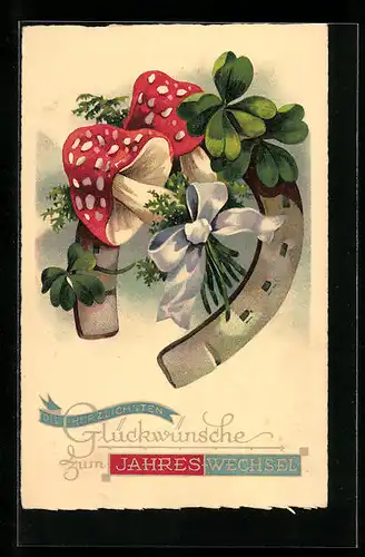 AK Hufeisen mit Pilzen und Kleeblättern, Neujahrsgruss