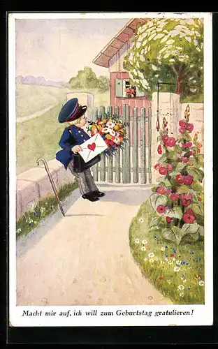 AK Geburtstagsgratulation, Postbote mit Blumenstrauss