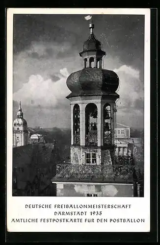 AK Darmstadt, Glockenspiel im Schloss während deutscher Ballonmeisterschaft 1935, Sonderstempel