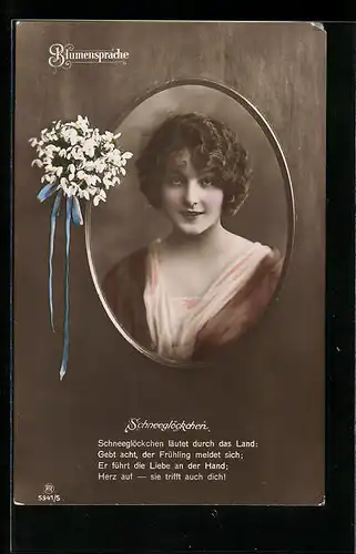AK Hübsche Dame mit Schneeglöckchen