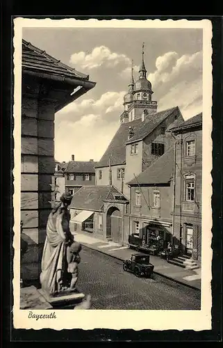 AK Bayreuth, Strassenpartie mit Kirchturm