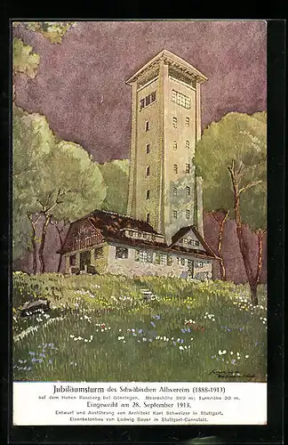 Künstler-AK Gönningen, Jubiläumsturm des Schwäbischen Albvereins auf dem Hohen Rossberg