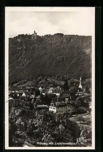 AK Honau /Schwäb. Alb, Pension Olgahöhle, Bes. Karl Ziegler, Ortsansicht mit Lichtenstein