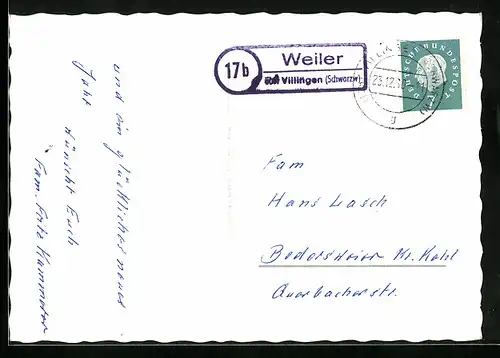 AK Landpoststempel Weiler über Villingen /Schwarzw.