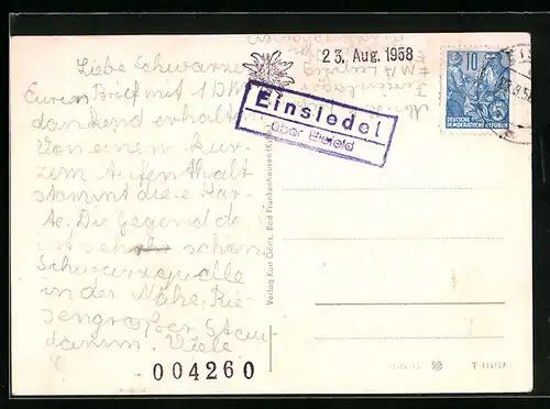 AK Landpoststempel Einsiedel über Eisfeld