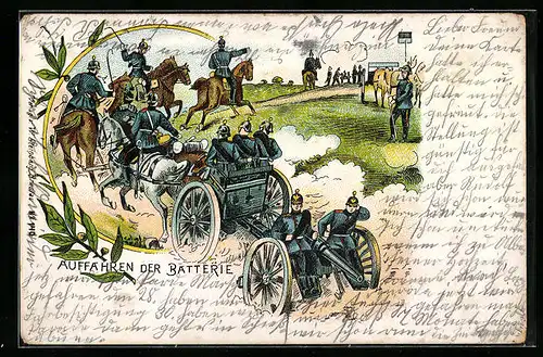 Lithographie Auffahrt der Batterie, Artillerie