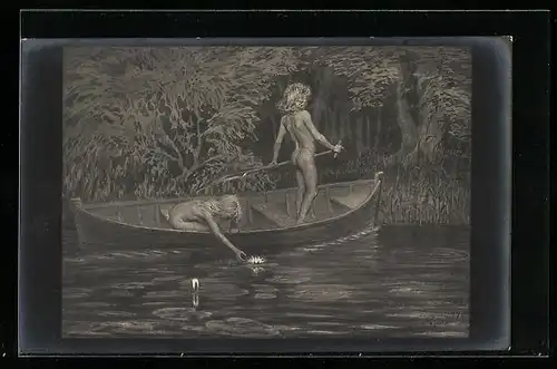 Künstler-AK Fidus: Wasserrosen, Uferpartie mit Figuren im Ruderboot