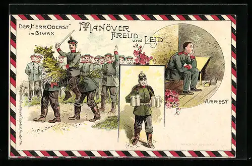 Lithographie Der Herr Oberst im Biwak, Kaisermanöver, Arrest, Soldat mit Bierkrügen