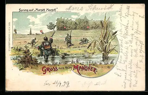 Lithographie Soldaten durchqueren Fluss und Feld, Kaisermanöver