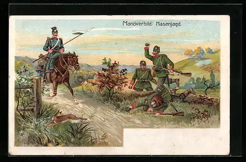 Lithographie Soldaten bei der Hasenjagd, Kaisermanöver