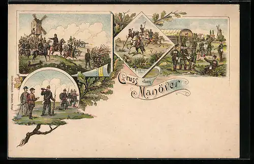 Lithographie Soldaten auf dem Schlachtfeld und im Lager, Windmühle, Kaisermanöver