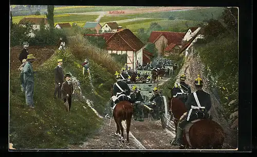 Künstler-AK Truppenbewegung durch eine Ortschaft, Artillerie