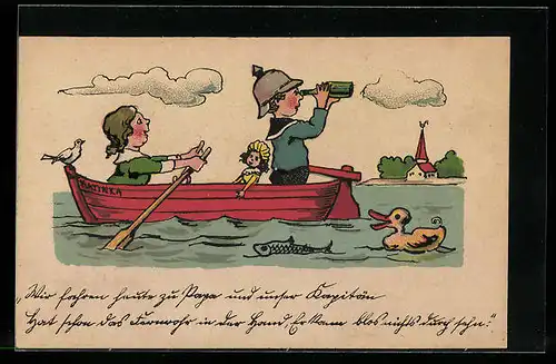Künstler-AK Kinder mit Ruderboote auf dem Wasser, Ente, Kinder Kriegspropaganda
