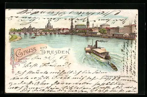Lithographie Dresden, Panorama von der Marienbrücke aus