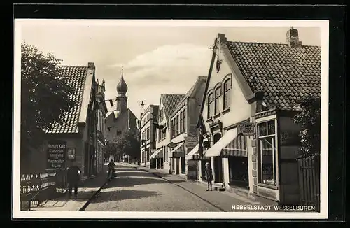 AK Wesselburen, Strassenpartie mit Fahrradhandlung v. Richard Kolz