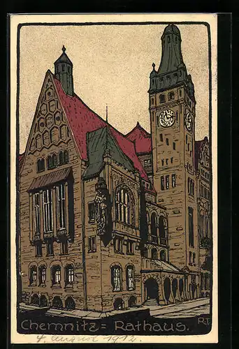 Steindruck-AK Chemnitz, Blick auf Rathaus