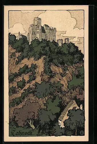 Steindruck-AK Lahneck, Blick auf die Burg