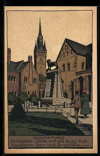 Steindruck-AK Braunschweig, Burgplatz mit Rathausturm, Dom und Burglöwe