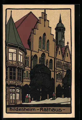 Steindruck-AK Hildesheim, Blick auf Rathaus
