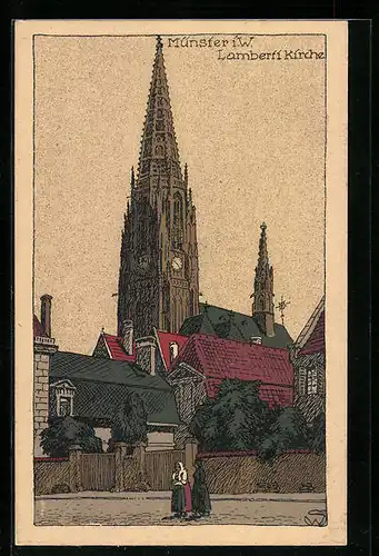 Steindruck-AK Münster i. W., Lamberti Kirche