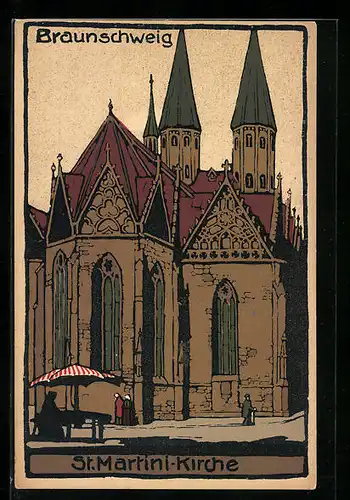 Steindruck-AK Braunschweig, St. Martini-Kirche