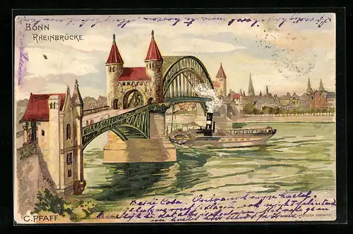 Künstler-AK C. Pfaff: Bonn, Rheinbrücke mit Dampfer