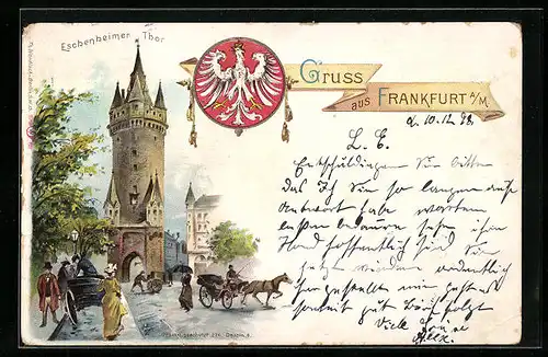 Lithographie Frankfurt a./M., Strassenpartie mit Eschenheimer Thor, Wappen