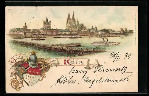 Lithographie Köln, Ortspartie mit Rhein und Dom, Wappen