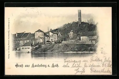 AK Landsberg a. Lech, Uferpartie mit Turm