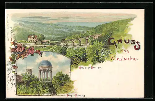 Lithographie Wiesbaden, Bergbahn-Nerothal, Tempel-Neroberg