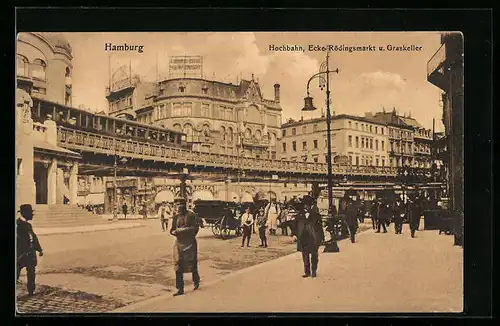 AK Hamburg, Hochbahn, Ecke Rödingsmarkt und Graskeller