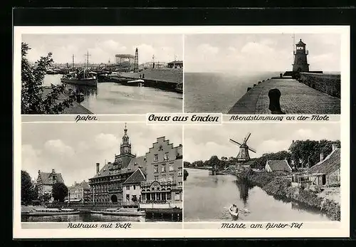 AK Emden, Hafen, Abendstimmung an der Mole, Rathaus mit Delft, Mühle am Hinter-Tief