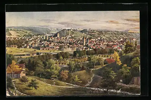 Künstler-AK Ravensburg, Totalansicht aus der Vogelschau