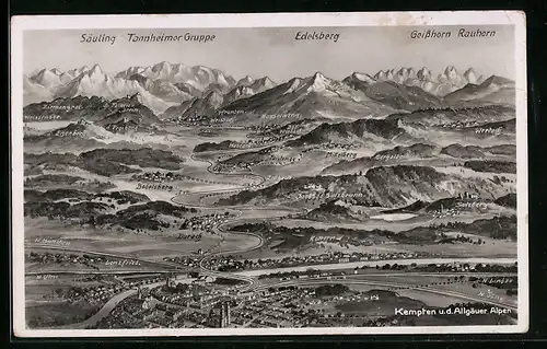 Künstler-AK Kempten Gesamtansicht mit den Allgäuer Alpen