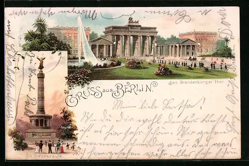 Lithographie Berlin, Pariser Platz mit Brandenburger Tor, die Siegessäule