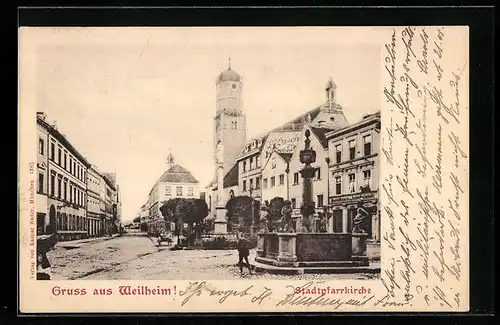 AK Weilheim, Brunnen vor der Stadtpfarrkirche