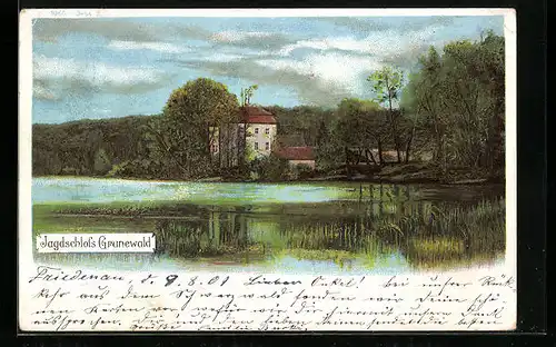 Lithographie Grunewald, Uferpartie am Jagdschloss