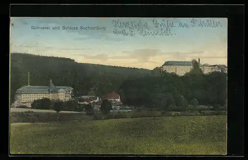 AK Sachsenburg, Blick auf die Spinnerei und das Schloss