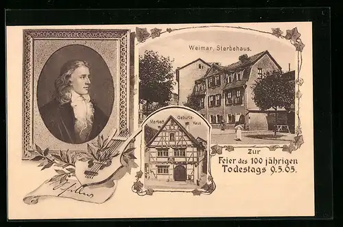 AK Weimar, Schiller Sterbehaus & Portrait, Geburtshaus in Marbach