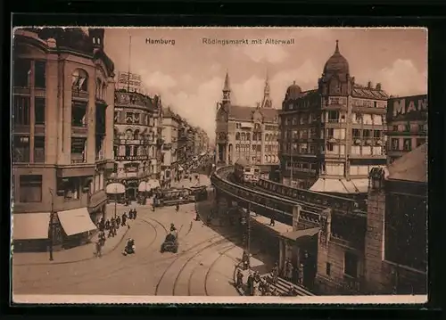 AK Hamburg, Rödingsmarkt mit Alterwall und Strassenbahn