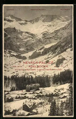 AK Adelboden, Blick auf das Nevada-Palace Hotel im Schnee und die Alpenspitzen
