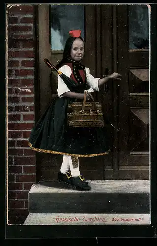 AK Frau in hessischer Tracht mit Korb