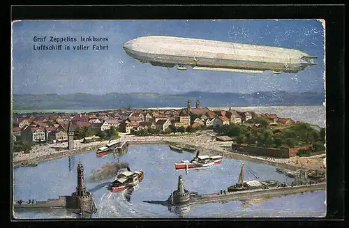 Künstler-AK Lindau i. B., Graf Zeppelins lenkbares Luftschiff in voller Fahrt