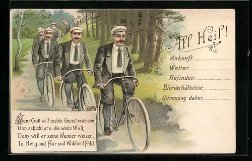 Lithographie All Heil! Fahrradfahrer beim Ausflug durch den Wald