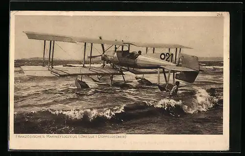 AK Französ. Marineflugzeug, Breguet Doppeldecker, Wasserflugzeug